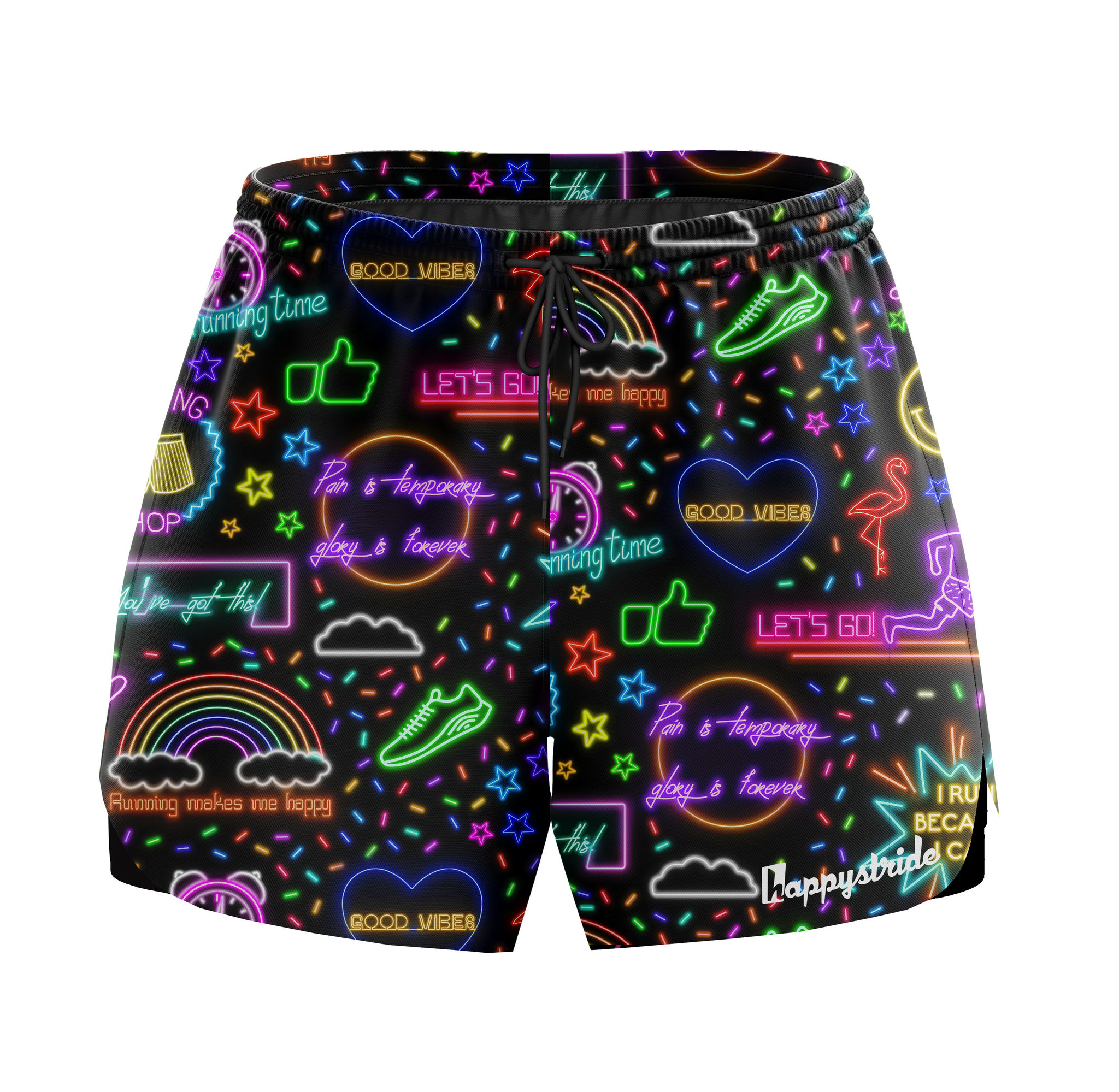 Glow go black cool colourful fun 2 in 1 unisex running fitness shorts Happystride