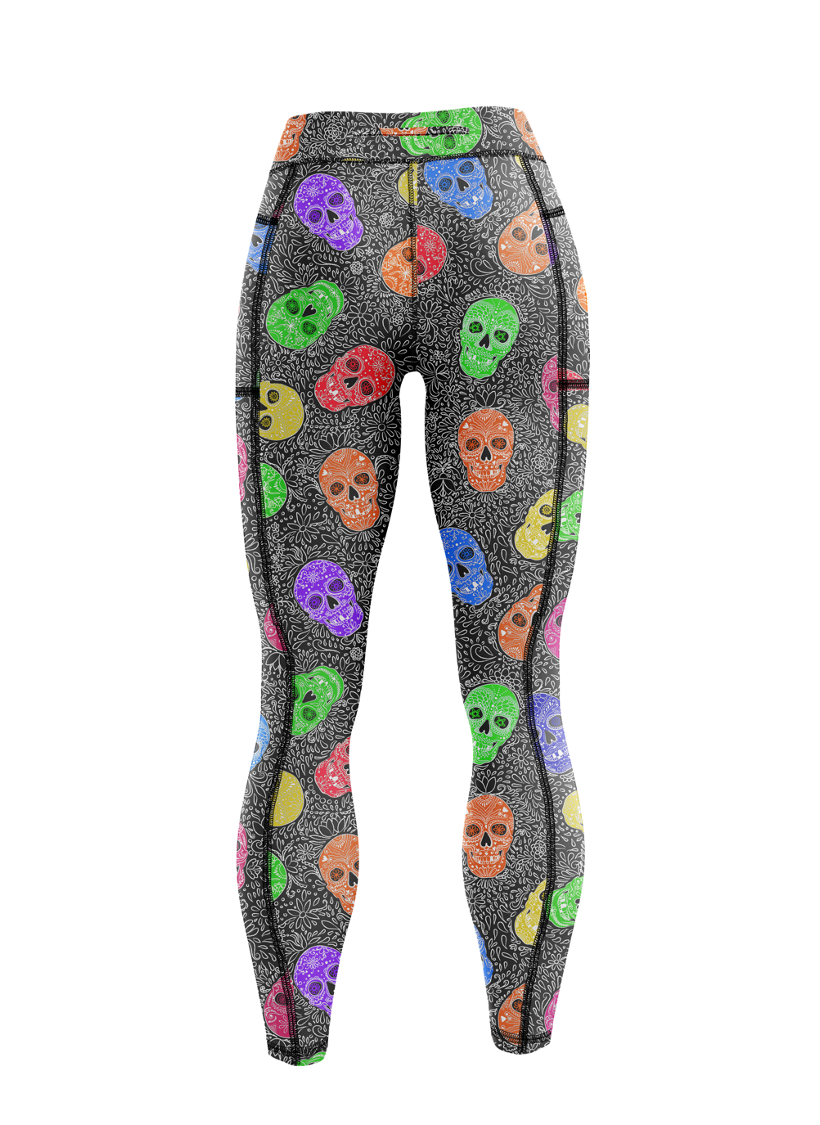 Never a dull skull cool bright colourful skull print running & fitness  leggings – Happystride